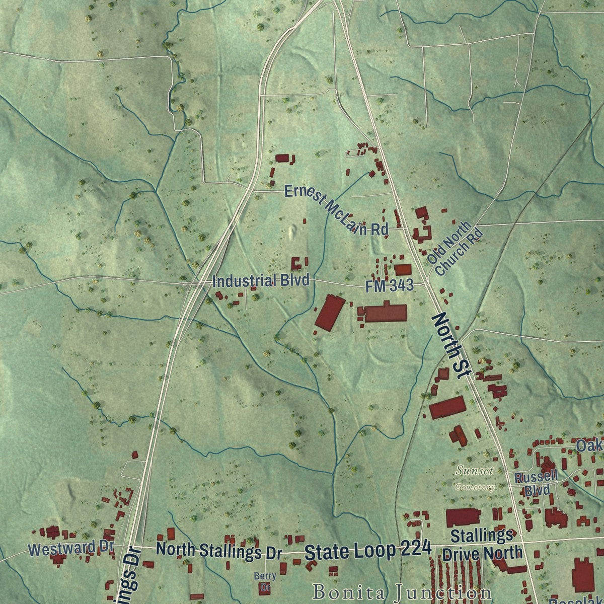 Second close-up of the map of Nacogdoches, Texas print showing more streets and buildings