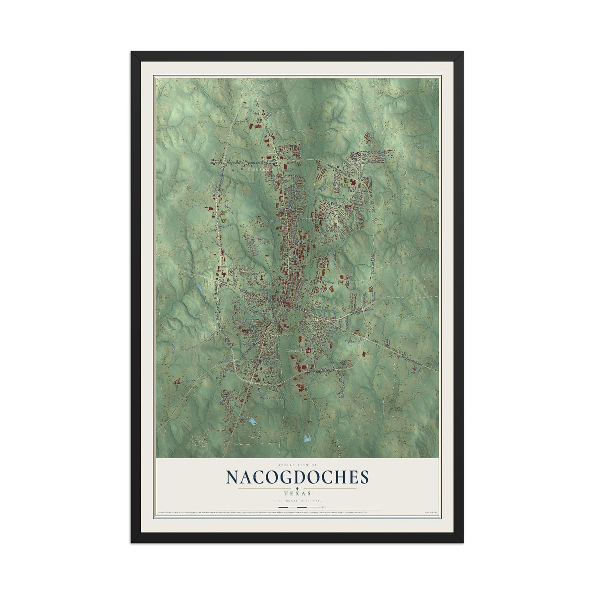 Map of Nacogdoches, Texas, 12 x 18 inch print in a black wood frame