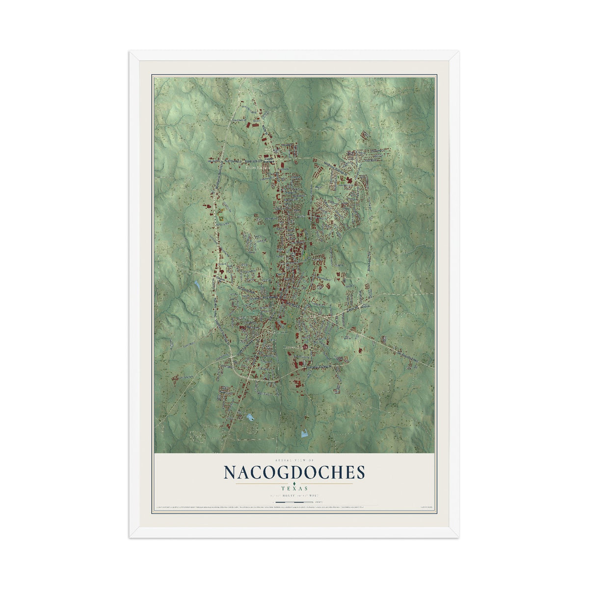 Map of Nacogdoches, Texas, 12 x 18 inch print in a white wood frame