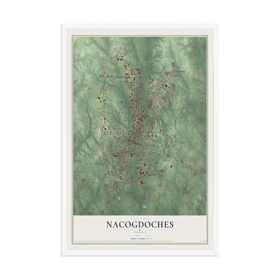 Map of Nacogdoches, Texas, 12 x 18 inch print in a white wood frame