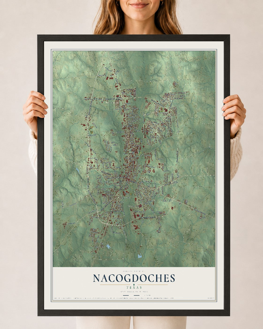 Map of Nacogdoches, Texas, 24 x 36 inch print in a black wood frame