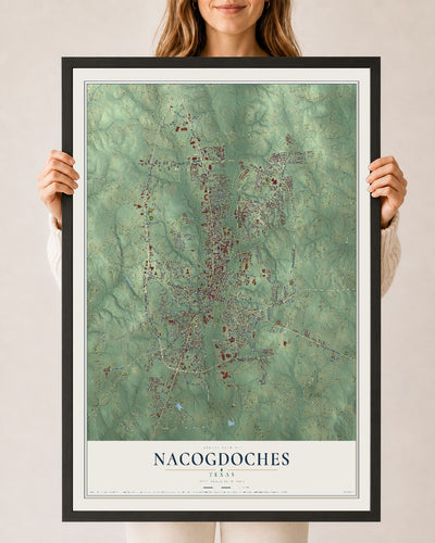 Map of Nacogdoches, Texas, 24 x 36 inch print in a black wood frame