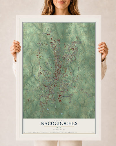 Map of Nacogdoches, Texas, 24 x 36 inch print in a white wood frame