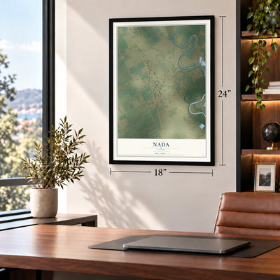 Nada, Texas map, 18 x 24 inch print in a black frame in a home office