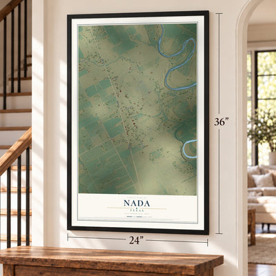 Nada, Texas map, 24 x 36 inch print in a black frame by a staircase