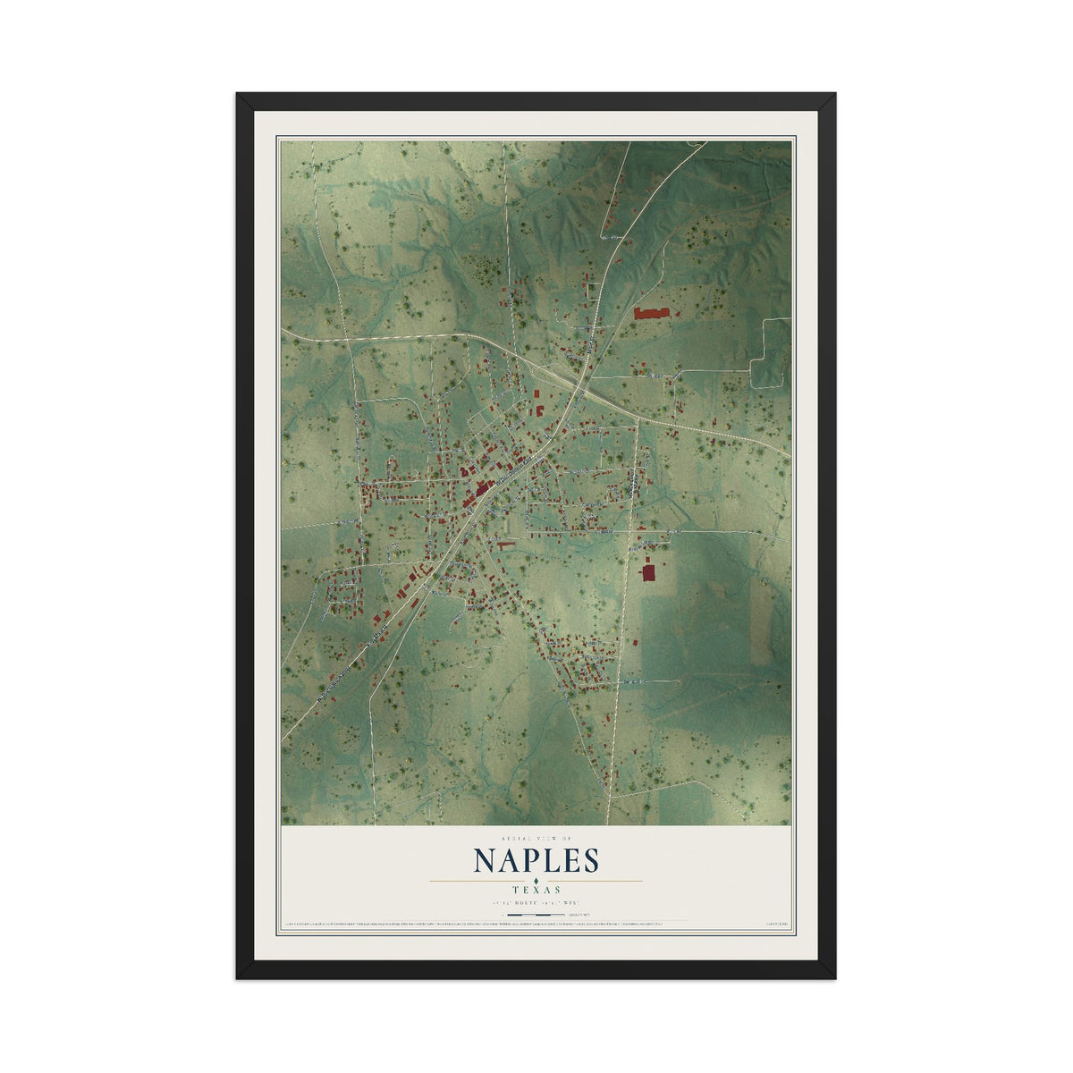 Map of Naples, Texas, 12 x 18 inch print in a black wood frame