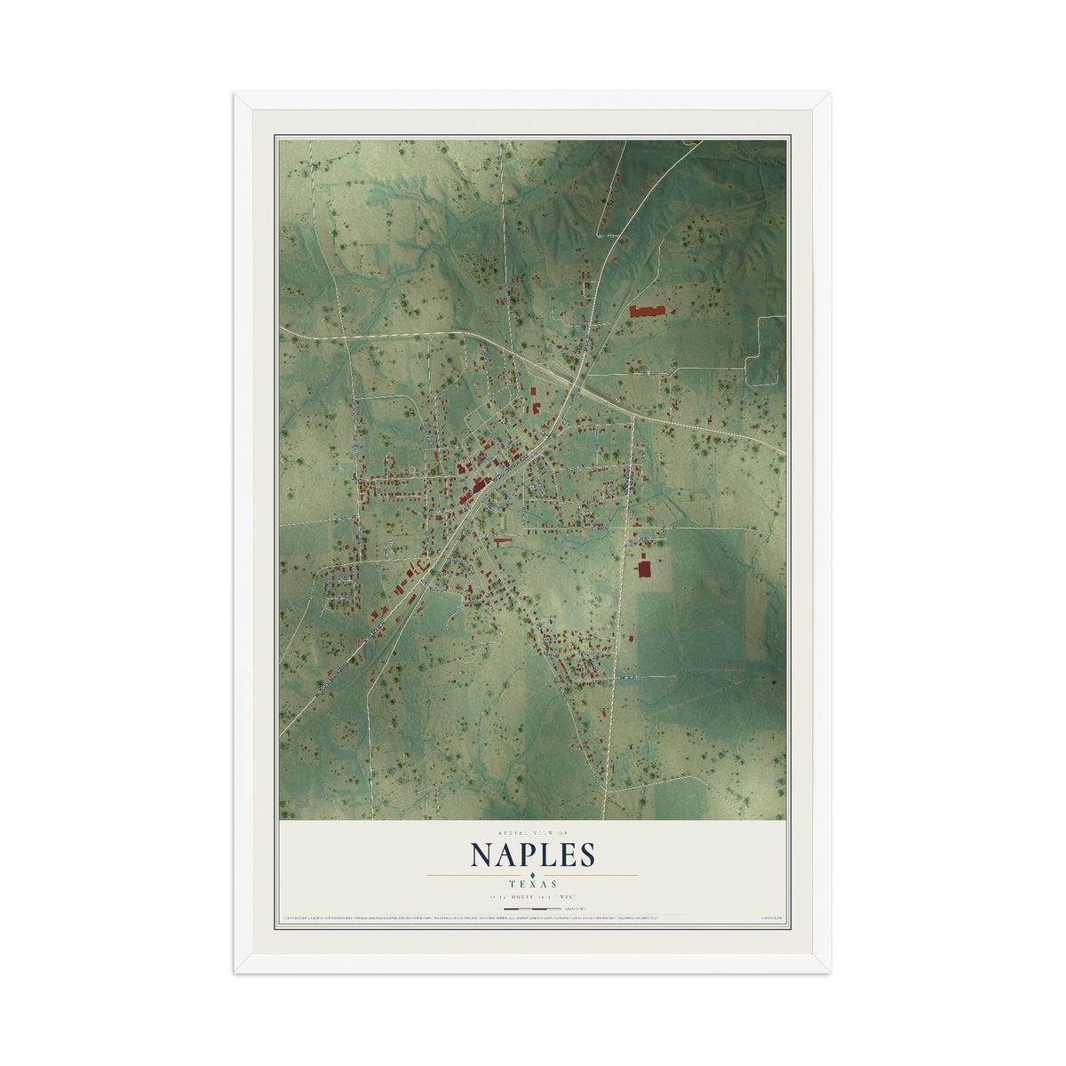Map of Naples, Texas, 12 x 18 inch print in a white wood frame