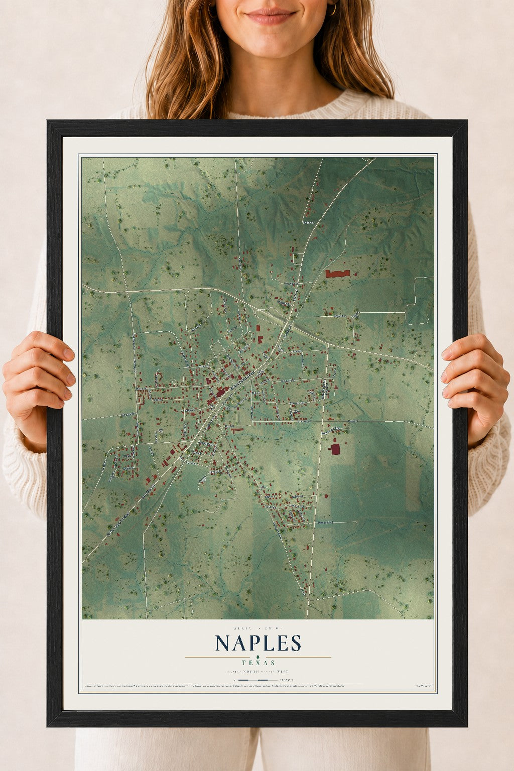 Map of Naples, Texas, 18 x 24 inch print in a black wood frame