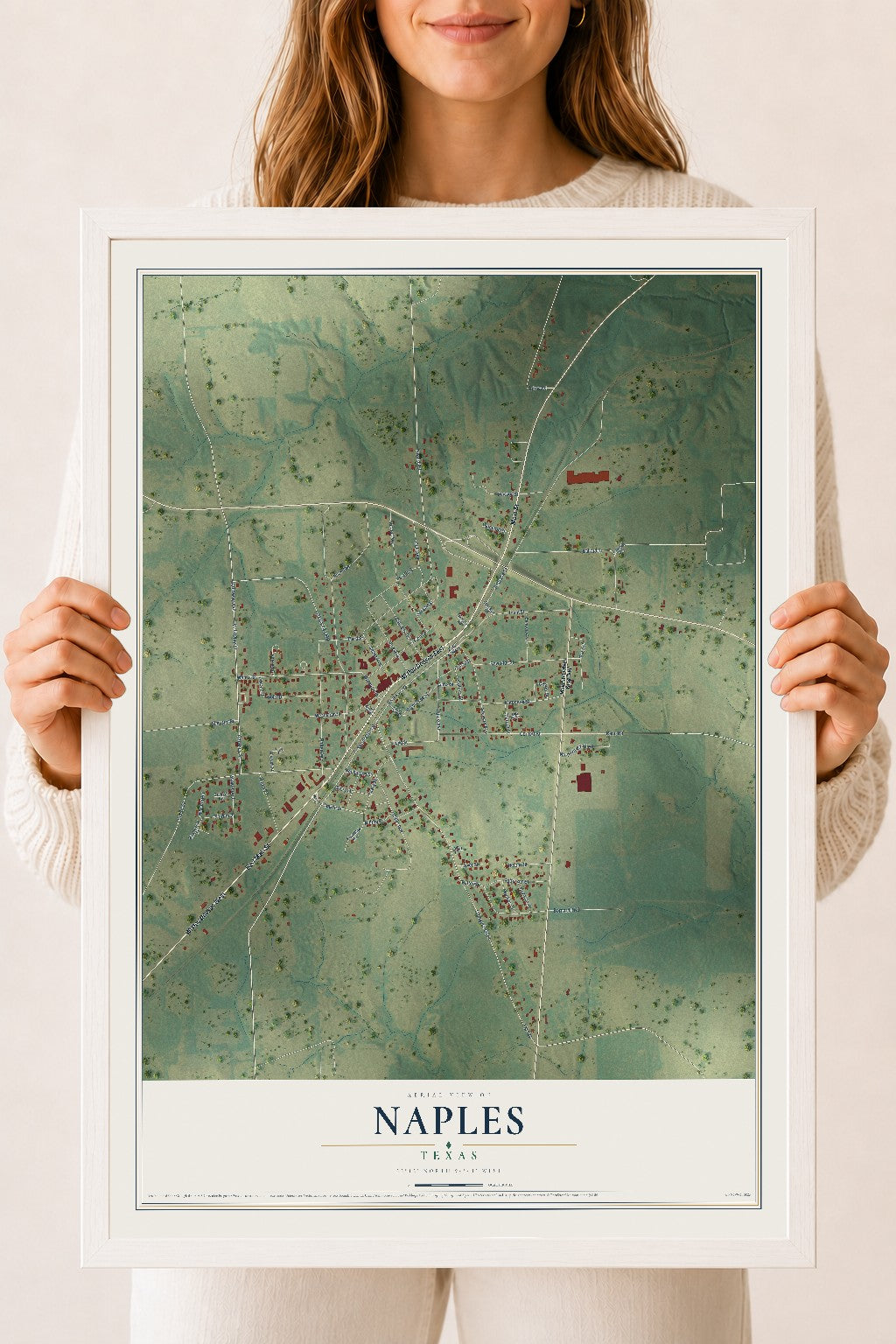 Map of Naples, Texas, 18 x 24 inch print in a white wood frame