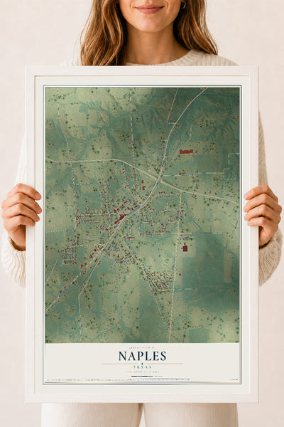 Map of Naples, Texas, 18 x 24 inch print in a white wood frame