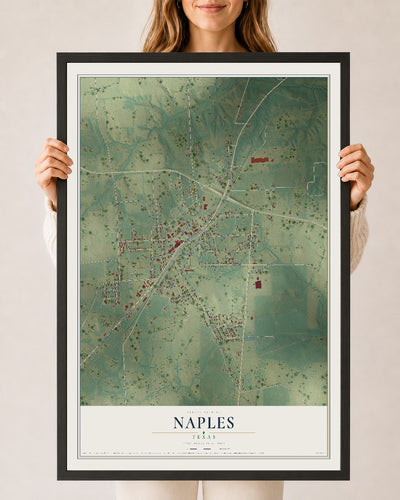 Map of Naples, Texas, 24 x 36 inch print in a black wood frame