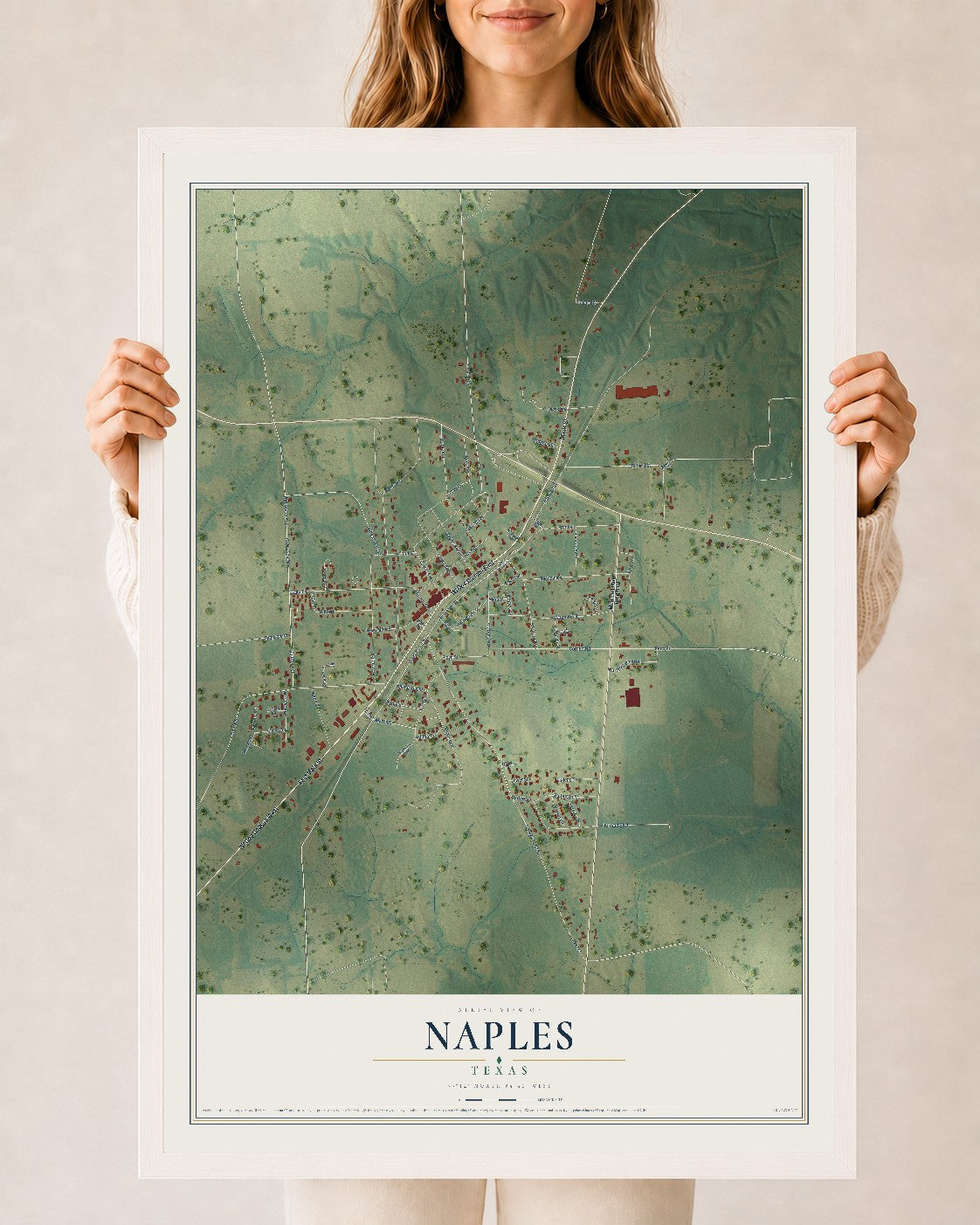 Map of Naples, Texas, 24 x 36 inch print in a white wood frame