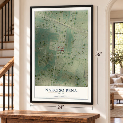 Narciso Pena, Texas map, 24 x 36 inch print in a black frame by a staircase