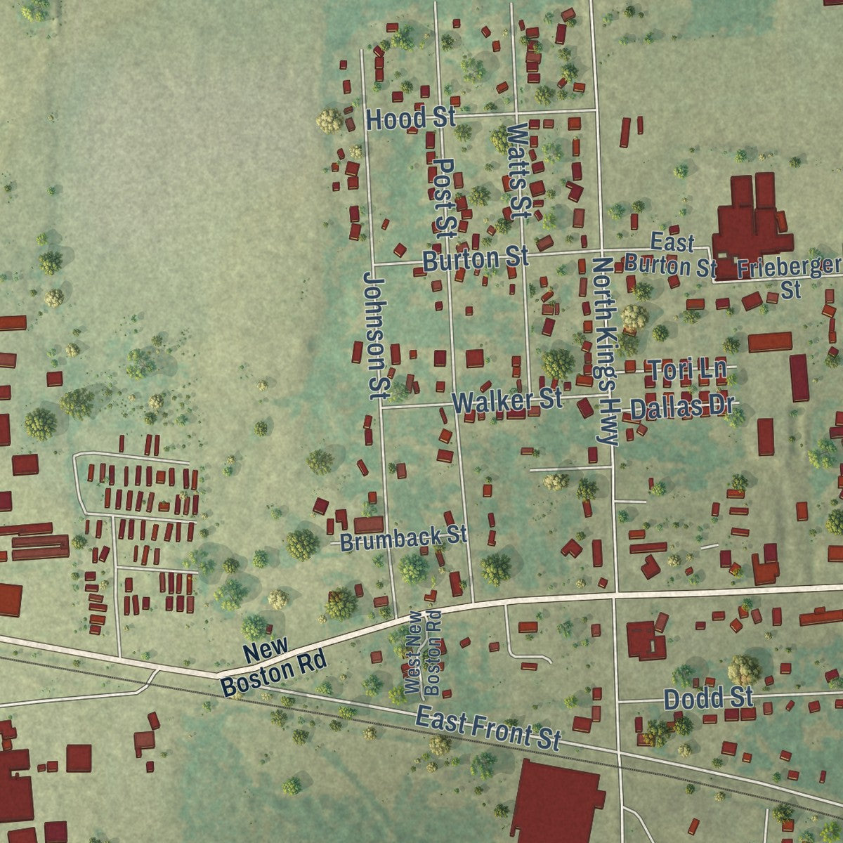 Close-up of the map of Nash, Texas print showing street and building detail
