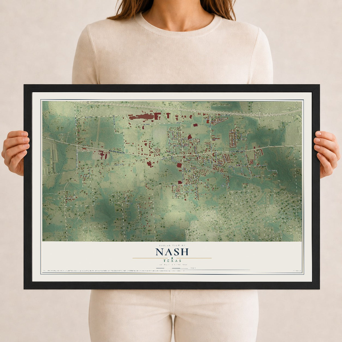 Map of Nash, Texas, 12 x 18 inch print in a black wood frame