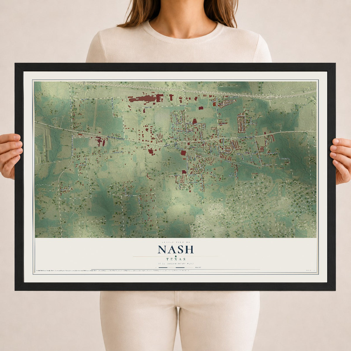 Map of Nash, Texas, 18 x 24 inch print in a black wood frame