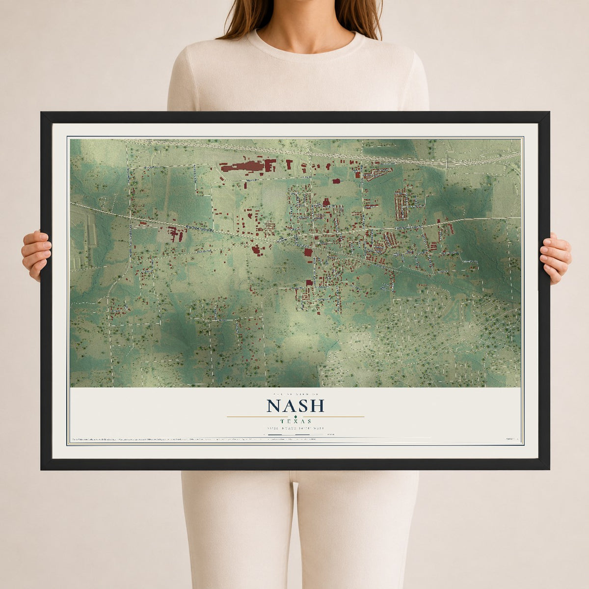 Map of Nash, Texas, 24 x 36 inch print in a black wood frame