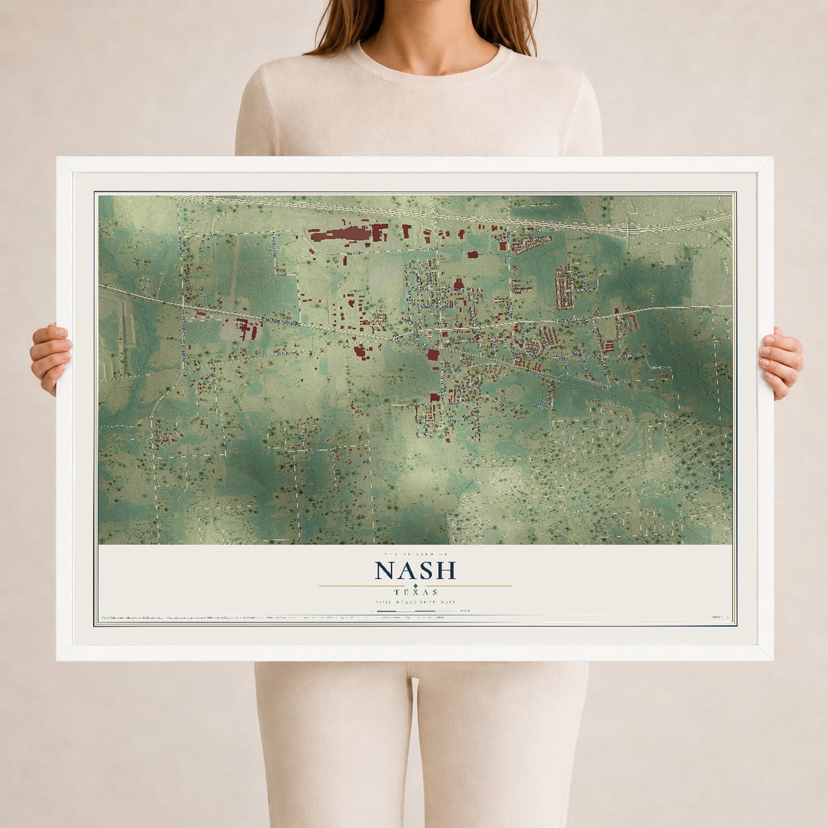 Map of Nash, Texas, 24 x 36 inch print in a white wood frame
