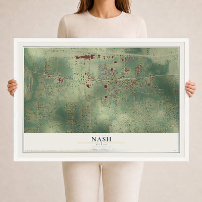 Map of Nash, Texas, 24 x 36 inch print in a white wood frame