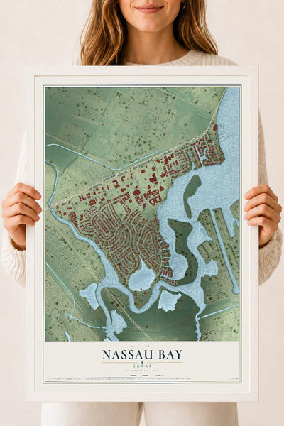 Map of Nassau Bay, Texas, 18 x 24 inch print in a white wood frame