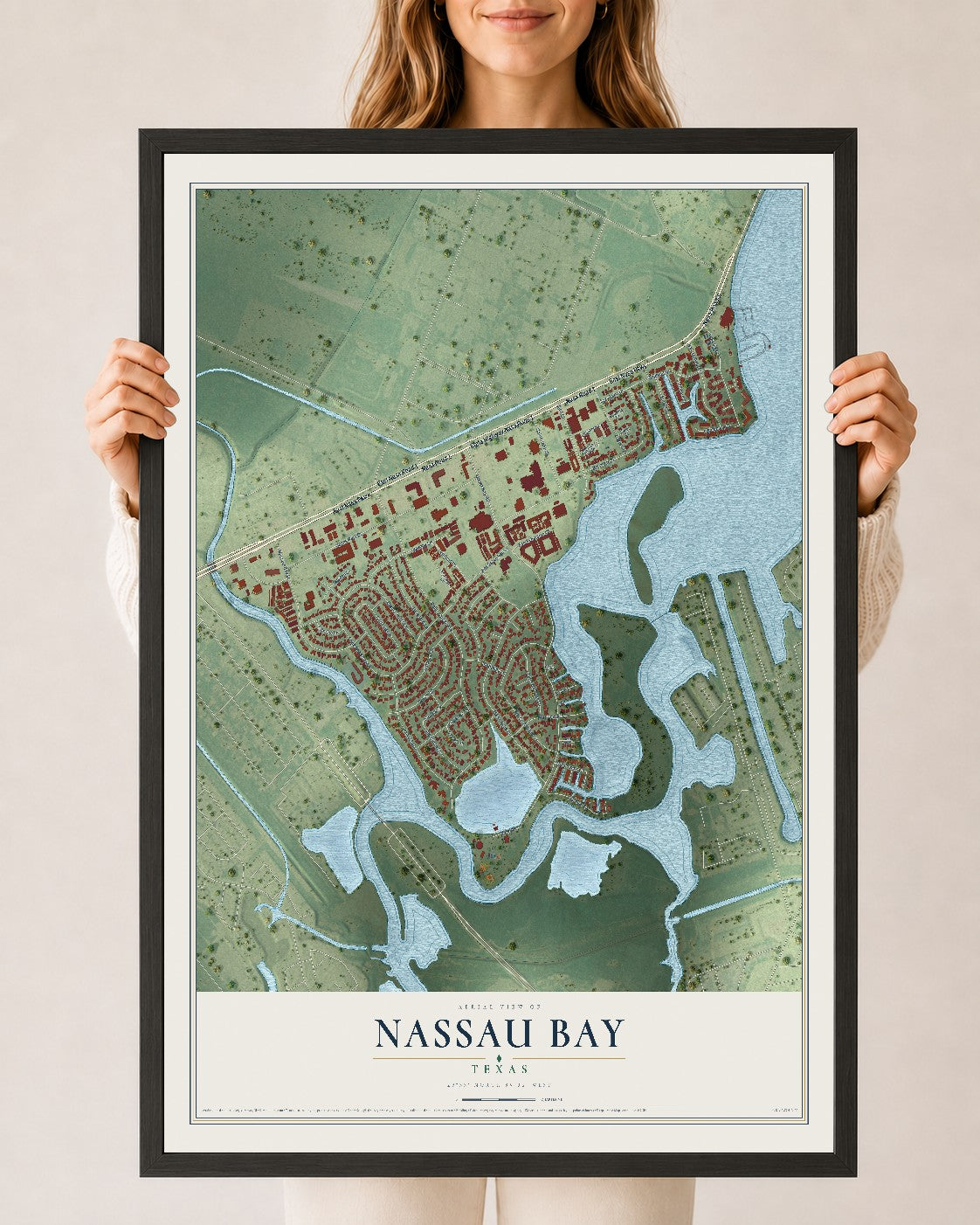Map of Nassau Bay, Texas, 24 x 36 inch print in a black wood frame