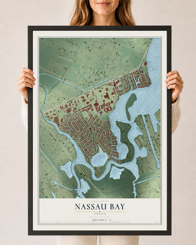 Map of Nassau Bay, Texas, 24 x 36 inch print in a black wood frame