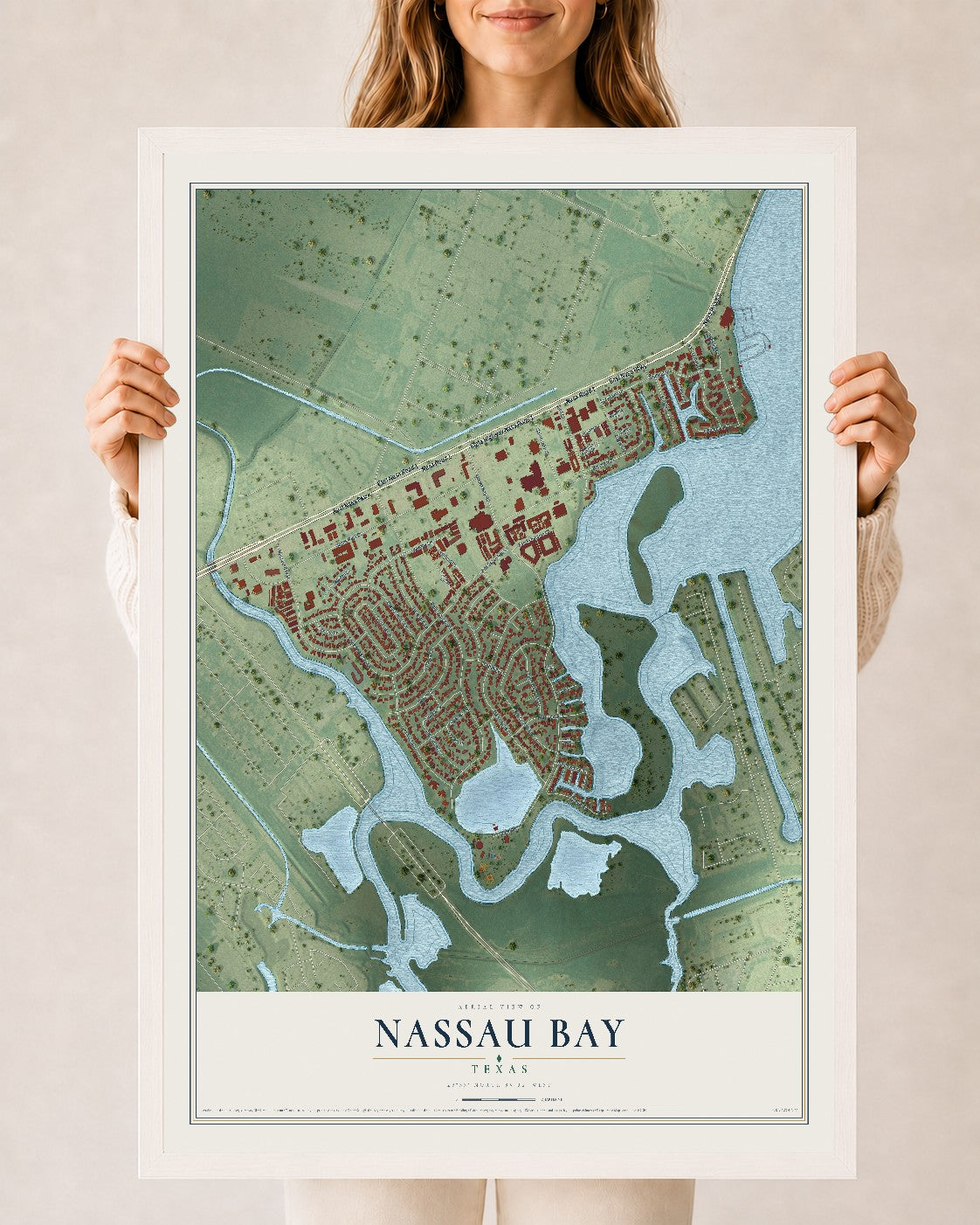 Map of Nassau Bay, Texas, 24 x 36 inch print in a white wood frame