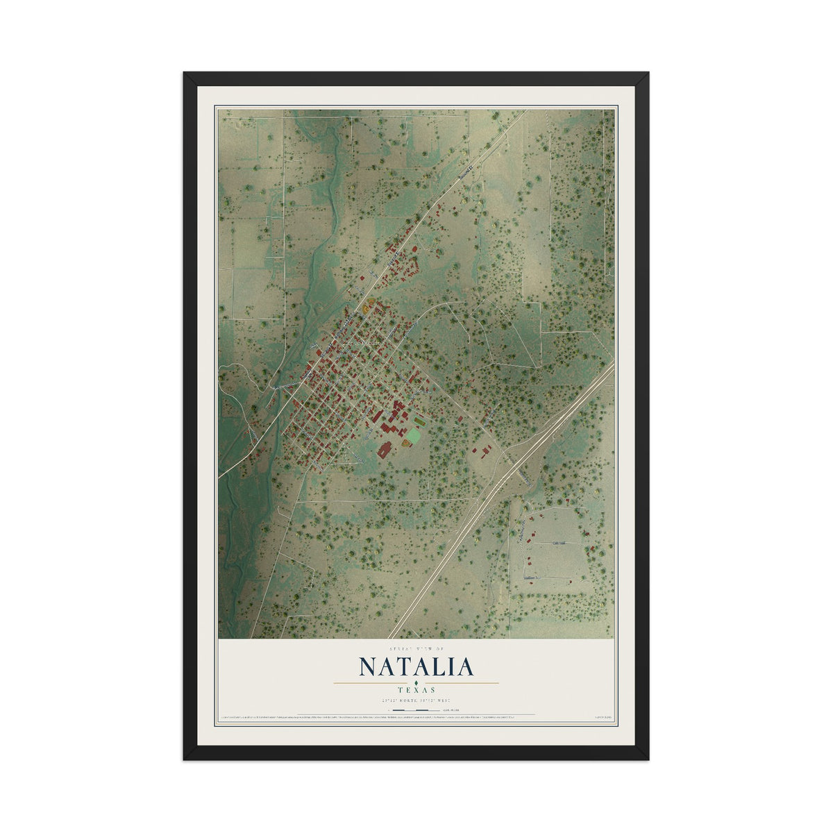 Map of Natalia, Texas, 12 x 18 inch print in a black wood frame
