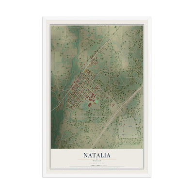 Map of Natalia, Texas, 12 x 18 inch print in a white wood frame