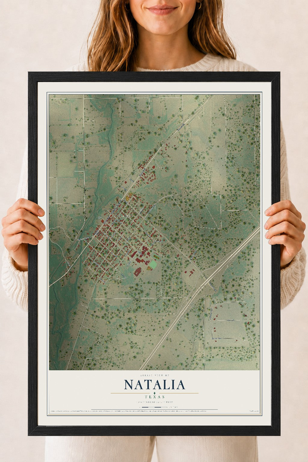 Map of Natalia, Texas, 18 x 24 inch print in a black wood frame