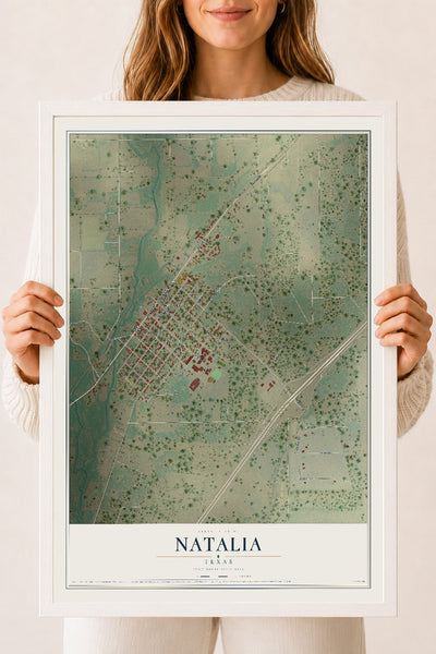 Map of Natalia, Texas, 18 x 24 inch print in a white wood frame