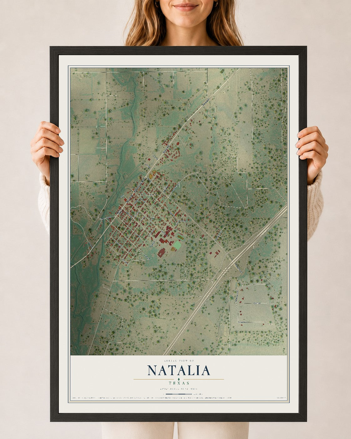 Map of Natalia, Texas, 24 x 36 inch print in a black wood frame