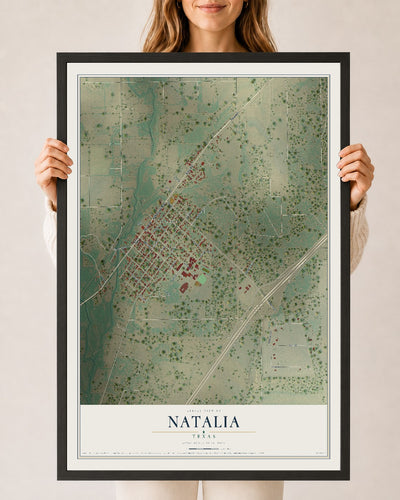 Map of Natalia, Texas, 24 x 36 inch print in a black wood frame