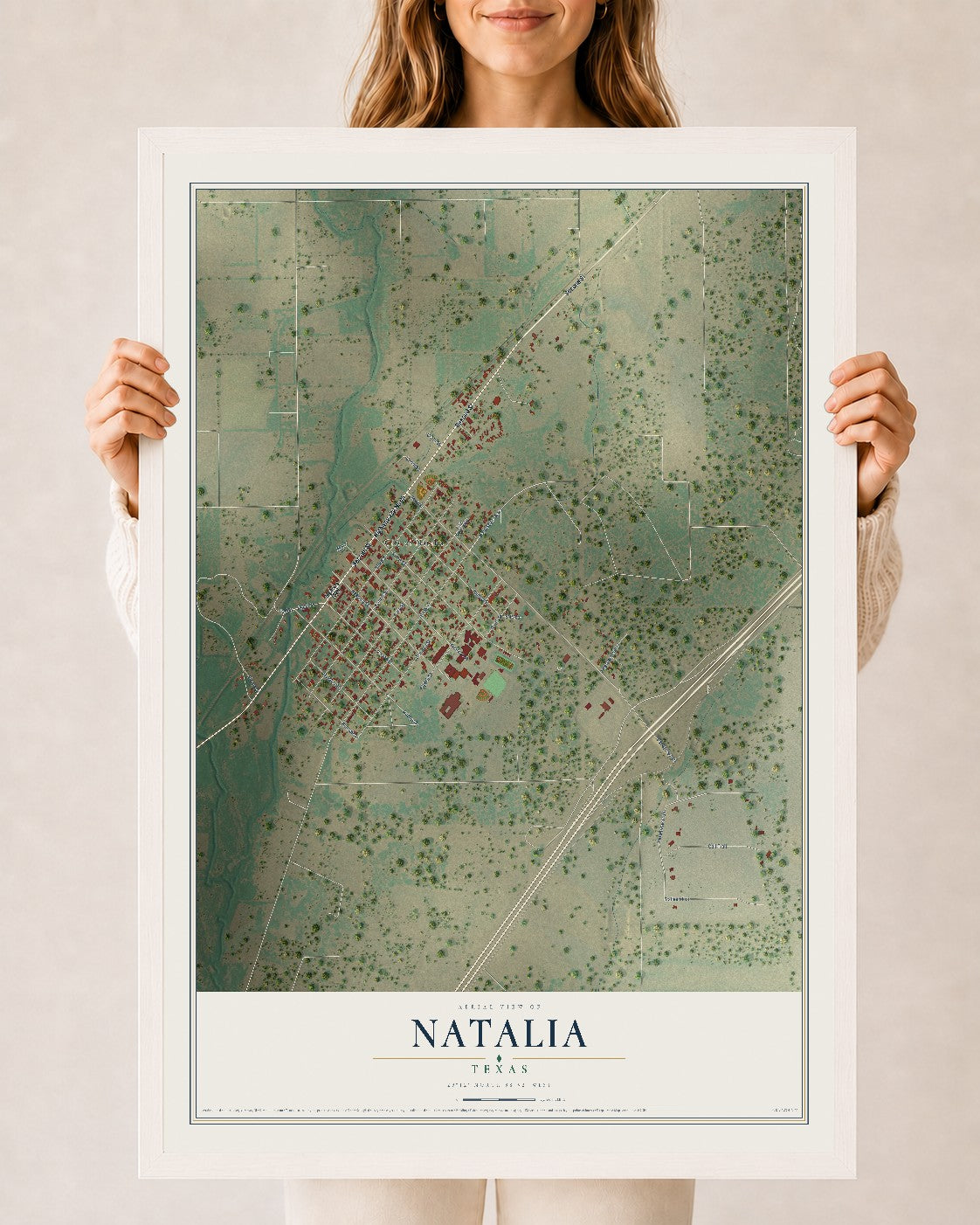 Map of Natalia, Texas, 24 x 36 inch print in a white wood frame
