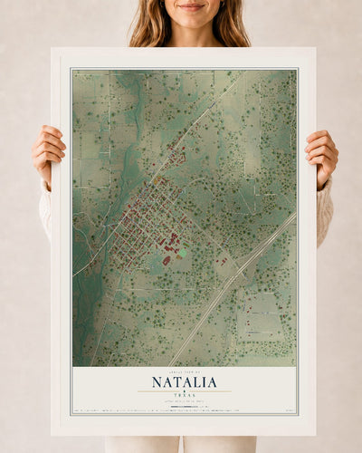 Map of Natalia, Texas, 24 x 36 inch print in a white wood frame