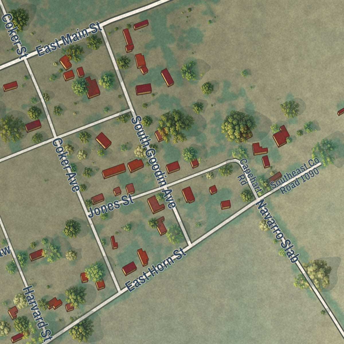 Close-up of the map of Navarro, Texas print showing street and building detail