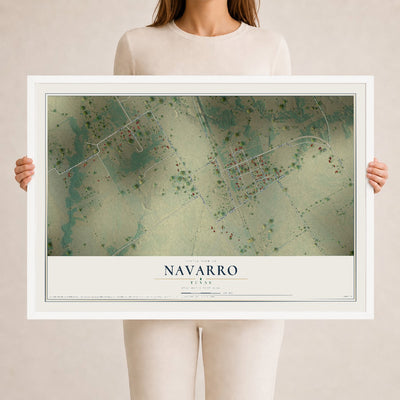 Map of Navarro, Texas, 24 x 36 inch print in a white wood frame