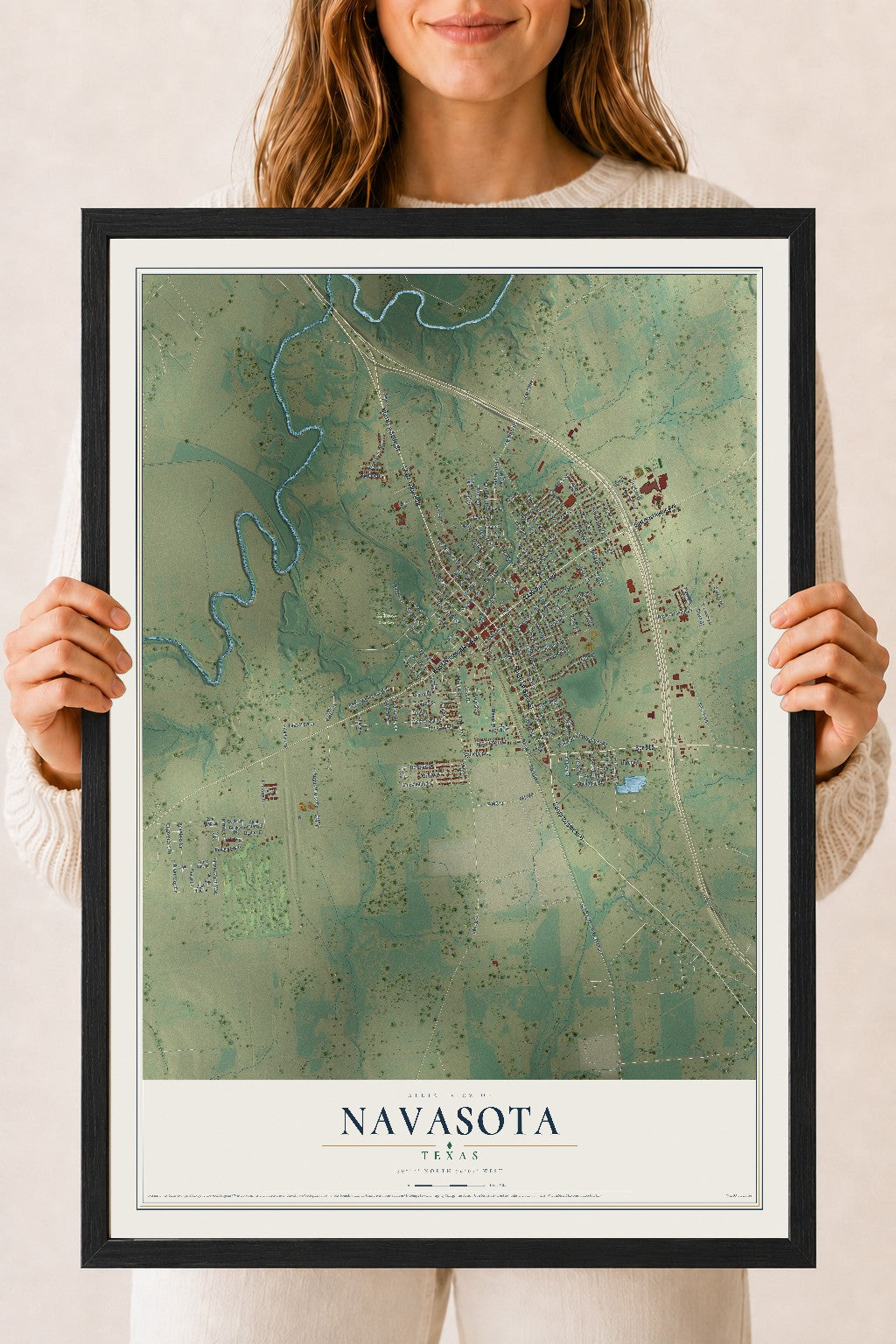 Map of Navasota, Texas, 18 x 24 inch print in a black wood frame