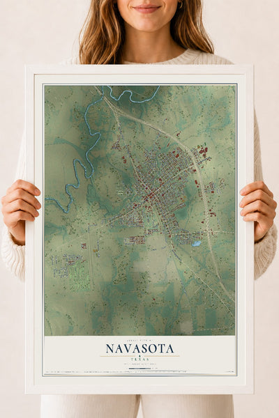 Map of Navasota, Texas, 18 x 24 inch print in a white wood frame