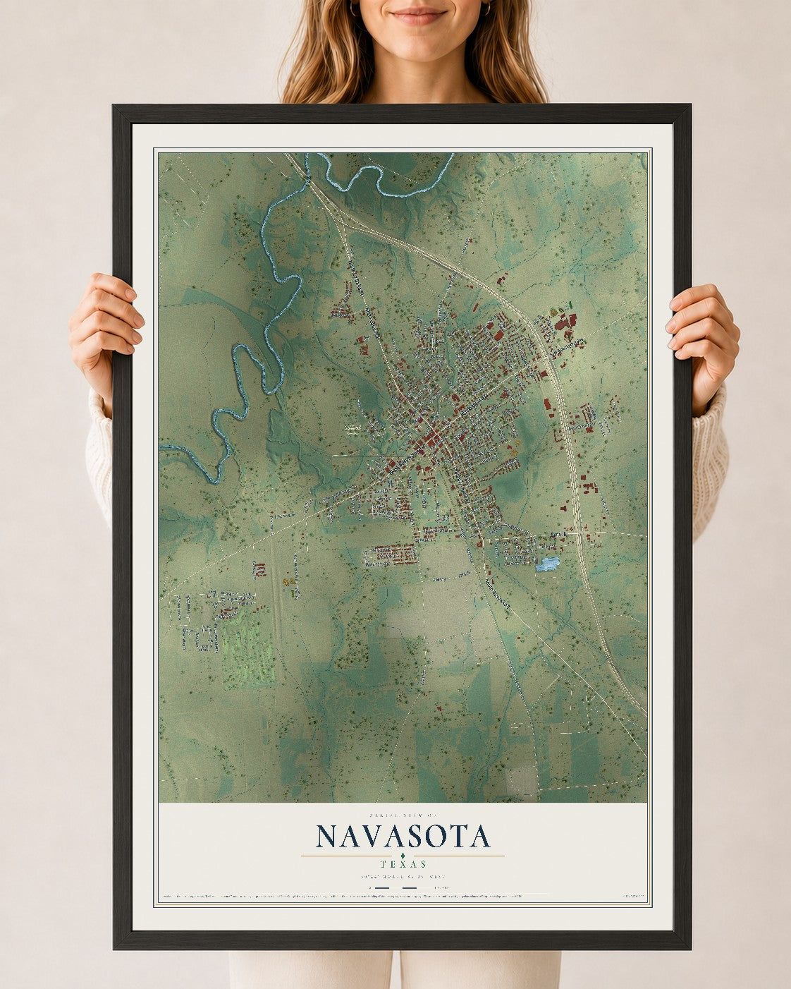 Map of Navasota, Texas, 24 x 36 inch print in a black wood frame