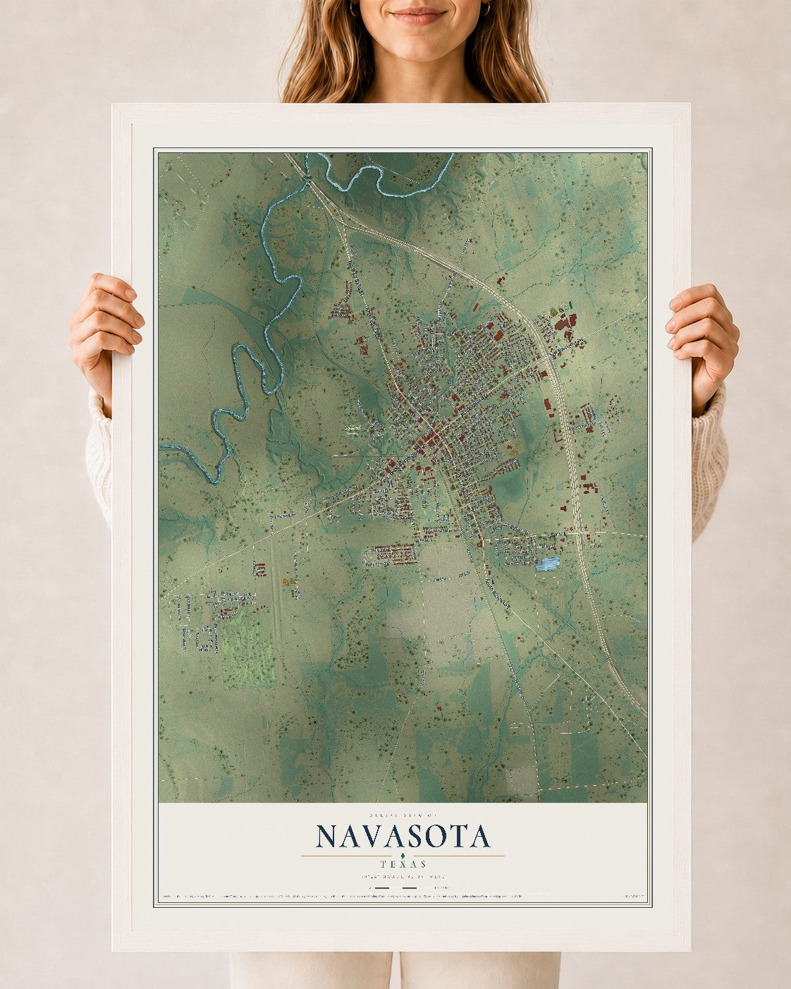 Map of Navasota, Texas, 24 x 36 inch print in a white wood frame