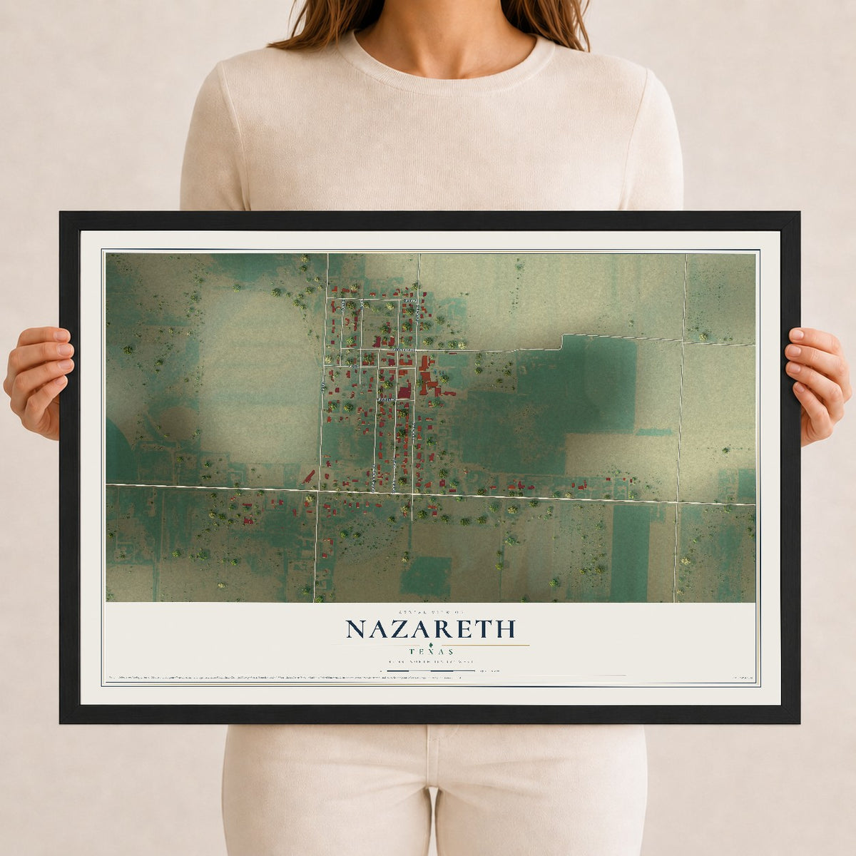 Map of Nazareth, Texas, 12 x 18 inch print in a black wood frame