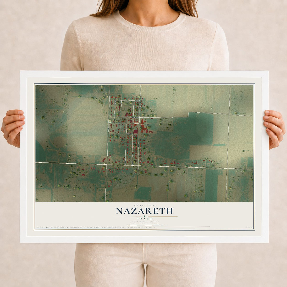Map of Nazareth, Texas, 12 x 18 inch print in a white wood frame