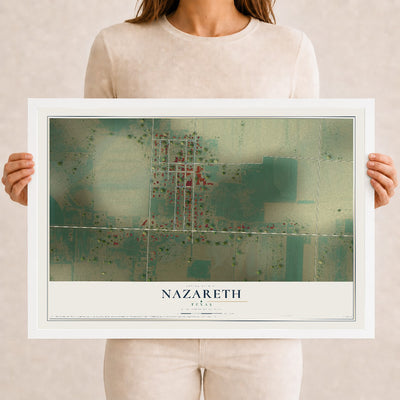 Map of Nazareth, Texas, 12 x 18 inch print in a white wood frame