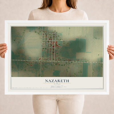 Map of Nazareth, Texas, 18 x 24 inch print in a white wood frame
