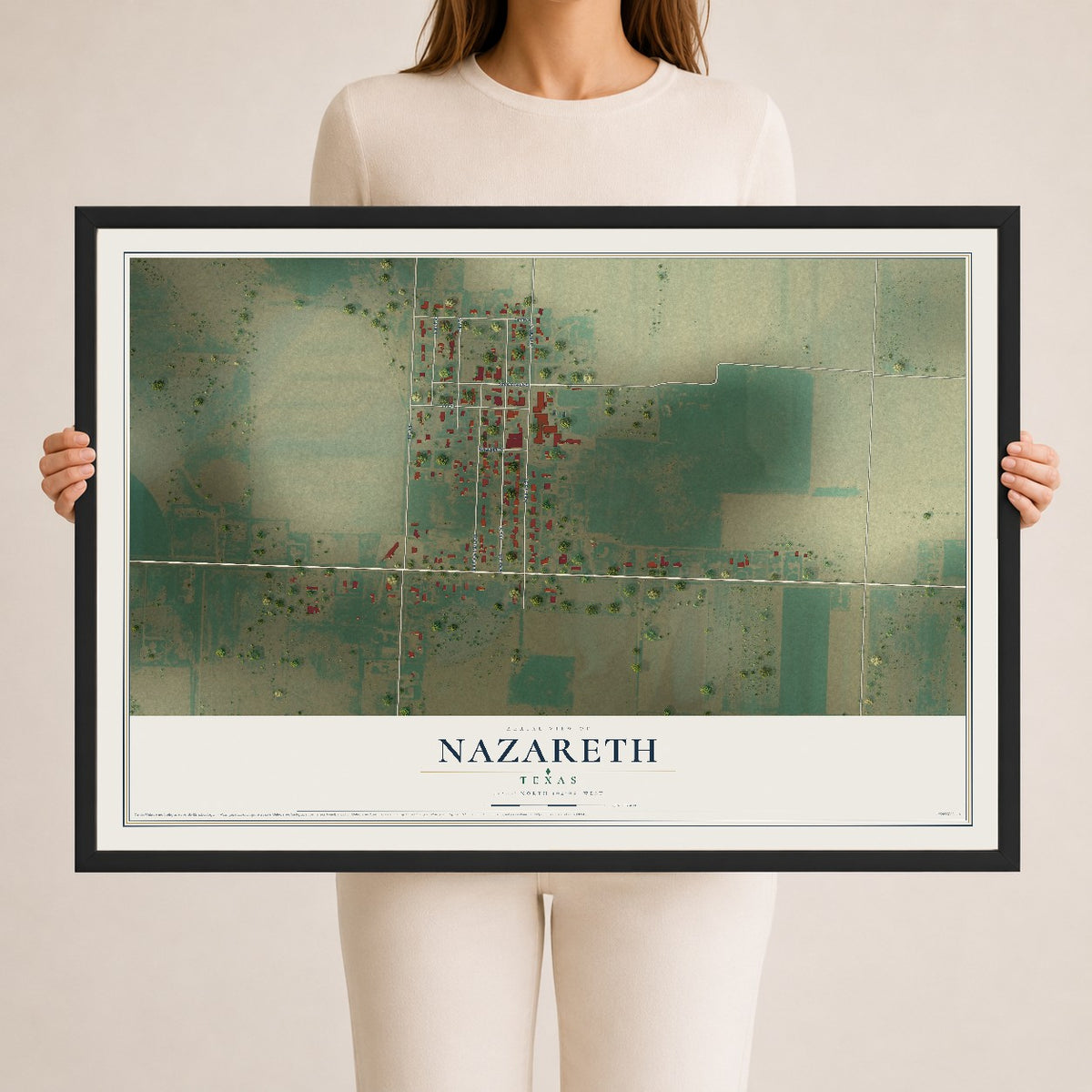 Map of Nazareth, Texas, 24 x 36 inch print in a black wood frame