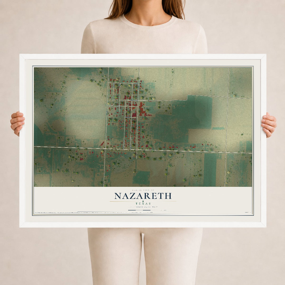 Map of Nazareth, Texas, 24 x 36 inch print in a white wood frame