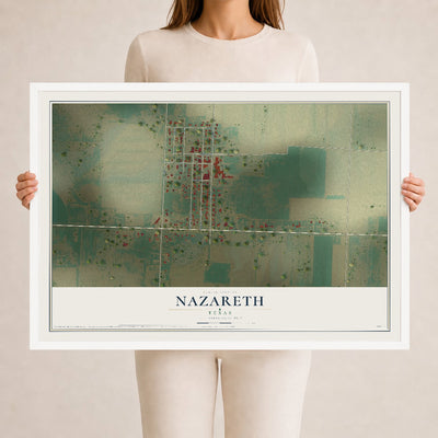 Map of Nazareth, Texas, 24 x 36 inch print in a white wood frame