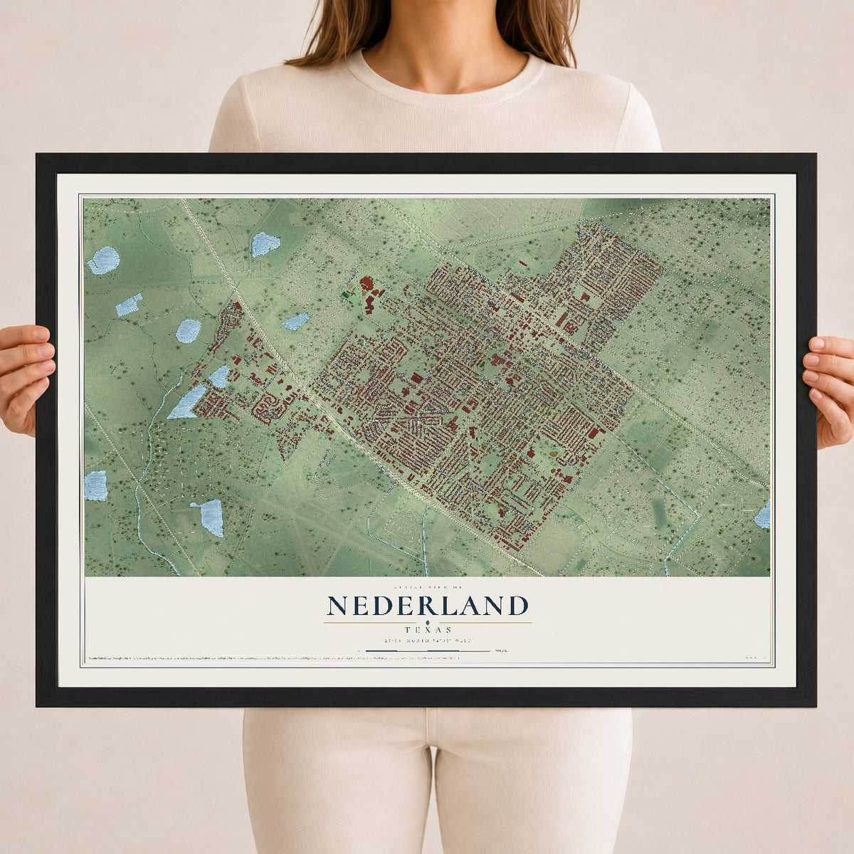 Map of Nederland, Texas, 18 x 24 inch print in a black wood frame