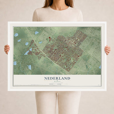 Map of Nederland, Texas, 24 x 36 inch print in a white wood frame
